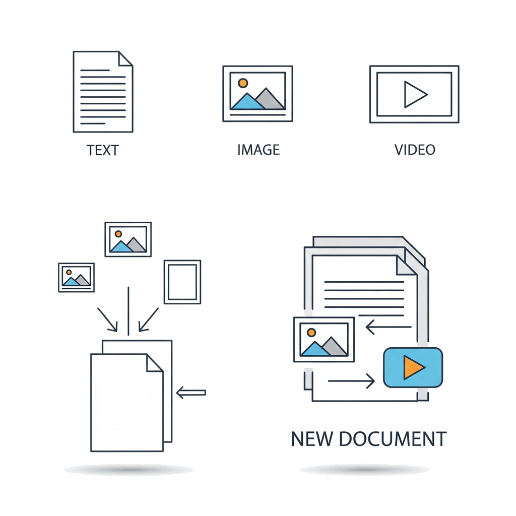 Reuse text, image and video components to build a new document